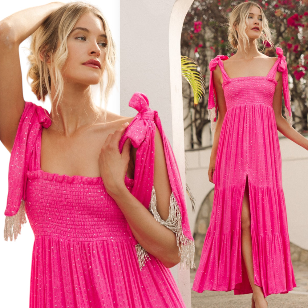 NWT Sundress Jade Long Dress Sequin Smocked Midi Maxi Fringe Size XS Small